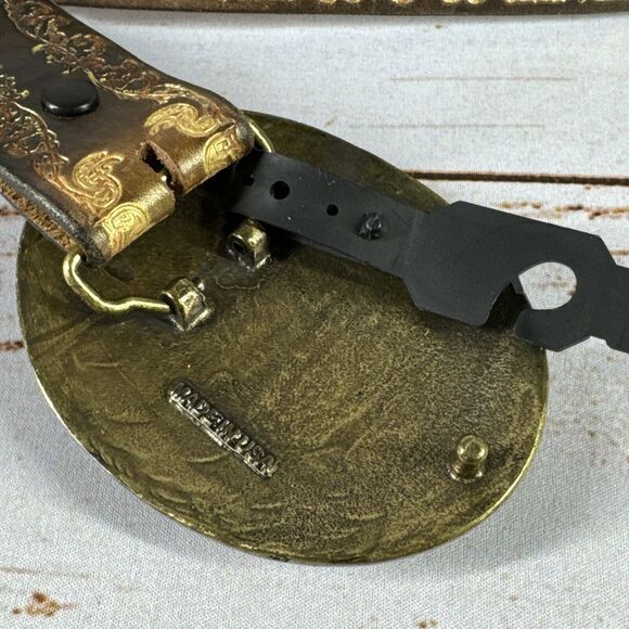 Vera Pelle Mens Leather Maltese Cross Belt Crystals Amber Buckle Italia 32” - Picture 3 of 5